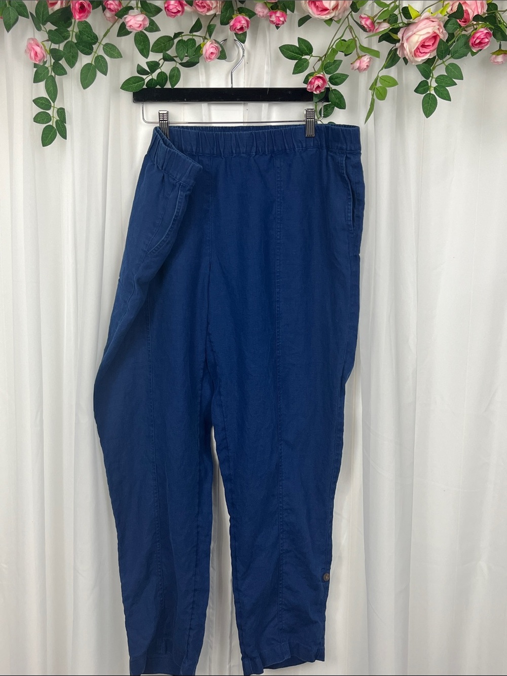 J. Jill Love Linen Pant 2X Navy Pull-On Stretch Waist Pockets Roll Tab Leg EUC